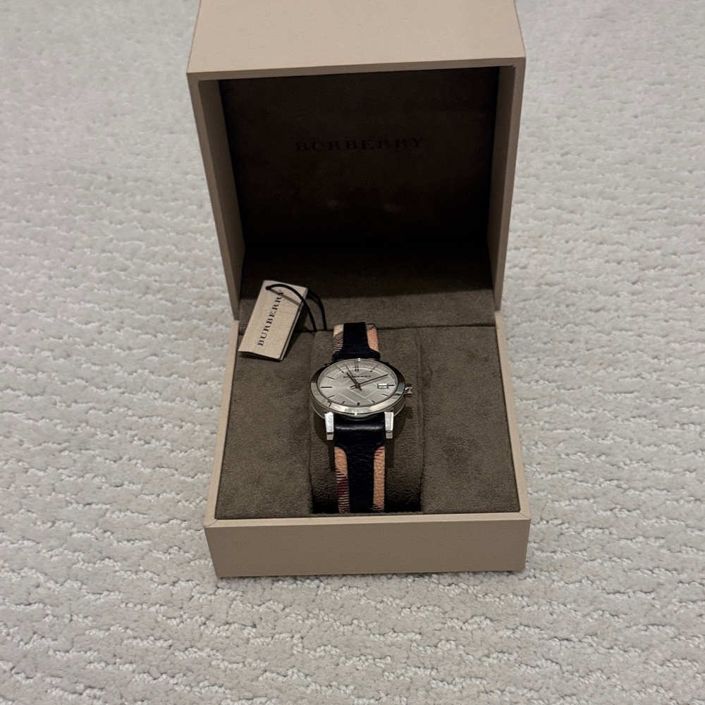 Burberry Silver Dial Watch with Black and Tan Striped Strap